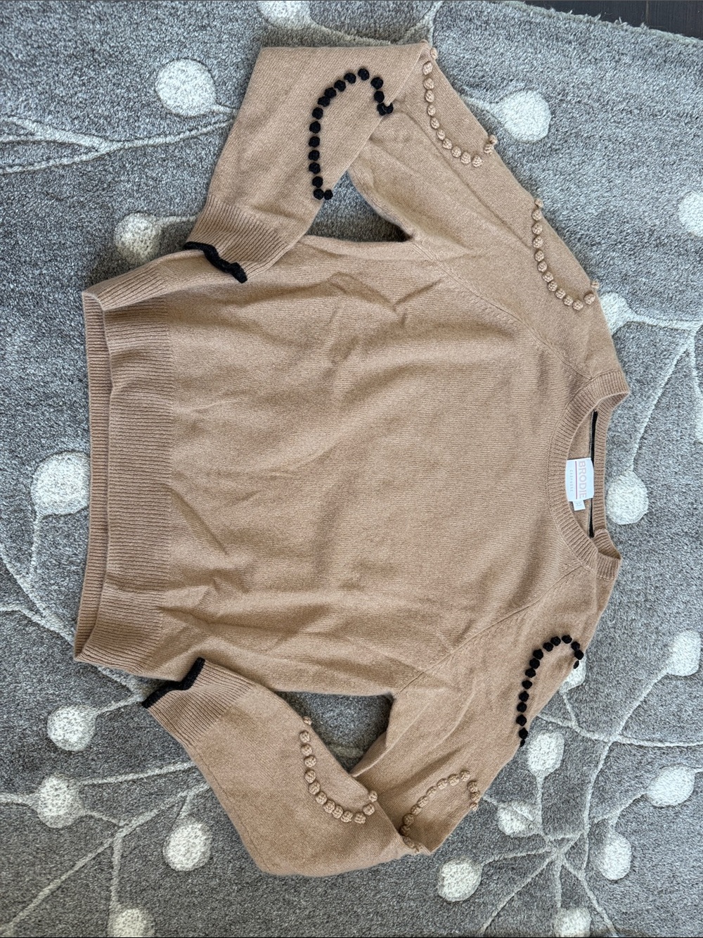 Brodie Cashmere Beige Crewneck Sweater with Bead Embellishments